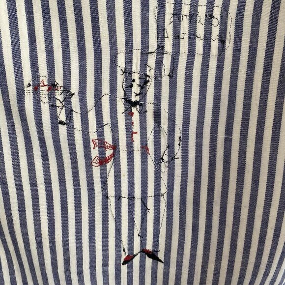 Full Bib Apron Set with Dish Towel Blue Stripes Crepes Suzette! Hand Embroidered - Picture 4 of 5